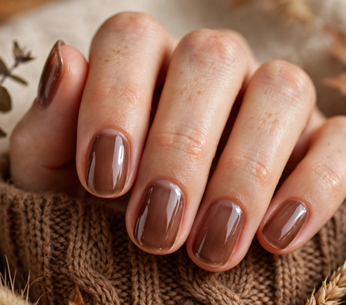 25 Short Fall Nail Ideas for 2026: Chic, Classy & Easy Designs Short fall nail ideas 2026 highlighting short, neatly rounded nails styled in a glossy, translucent milk chocolate brown syrup gel polish, resting against a textured brown knit sleeve.