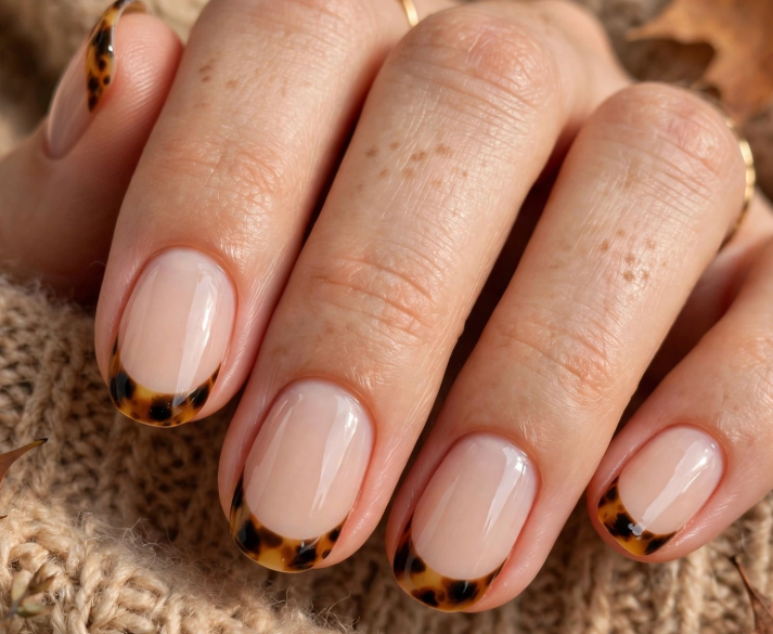 25 Short Fall Nail Ideas for 2026: Chic, Classy & Easy Designs Short fall nail ideas 2026 showcasing clean, short rounded natural nails with chic tortoiseshell print French tips, paired with a cozy knit sweater sleeve.