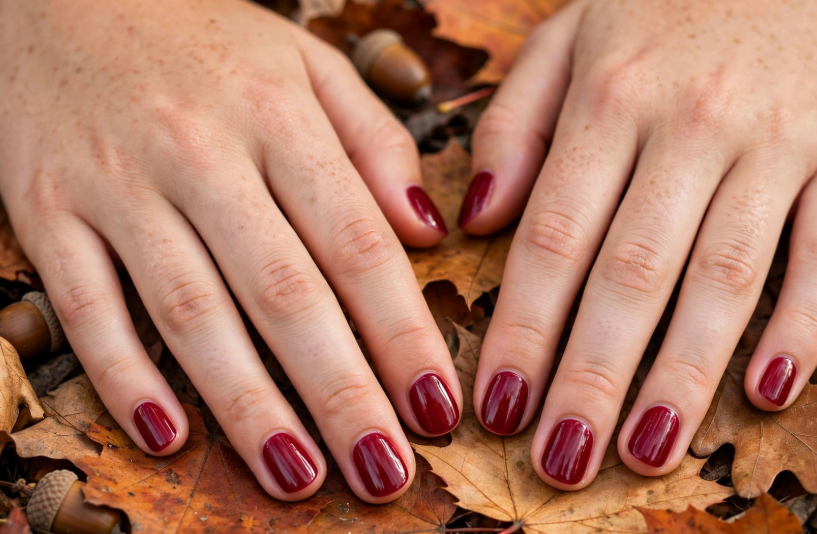 25 Short Fall Nail Ideas for 2026: Chic, Classy & Easy Designs Short fall nail ideas 2026 showcasing clean, short rounded nails polished in a vibrant glossy deep crimson red, resting among scattered autumn leaves and acorns.