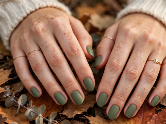 25 Short Fall Nail Ideas for 2026: Chic, Classy & Easy Designs Short fall nail ideas 2026 highlighting clean, short rounded nails styled in a smooth matte olive green polish, accessorized with delicate gold rings and set against a background of autumn foliage.