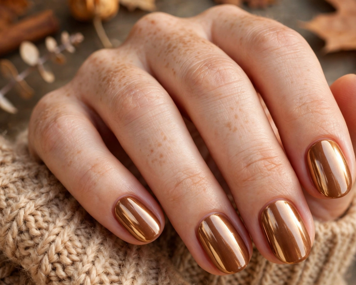 25 Short Fall Nail Ideas for 2026: Chic, Classy & Easy Designs Short fall nail ideas 2026 showcasing short rounded nails finished with a striking metallic bronze chrome glaze, paired with a cozy knitted sleeve and autumn elements.