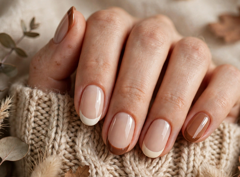 25 Short Fall Nail Ideas for 2026: Chic, Classy & Easy Designs Short fall nail ideas 2026 showcasing short rounded nails finished with a striking metallic bronze chrome glaze, paired with a cozy knitted sleeve and autumn elements.