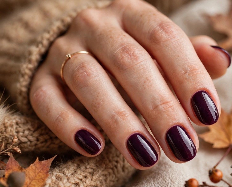 25 Short Fall Nail Ideas for 2026: Chic, Classy & Easy Designs Short fall nail ideas 2026 showcasing short rounded nails polished in a glossy deep dark plum or eggplant shade, accessorized with a thin gold ring and cozy knit fabric.