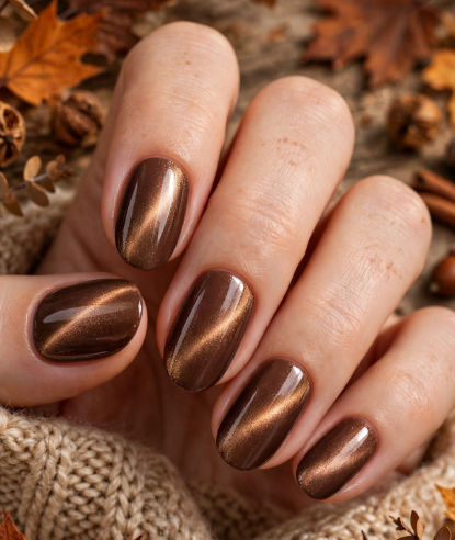 25 Short Fall Nail Ideas for 2026: Chic, Classy & Easy Designs Short fall nail ideas 2026 showcasing short rounded nails featuring a magnetic brown cat-eye gel polish with a glowing shimmery streak, set against a cozy knit sweater and autumn leaves.