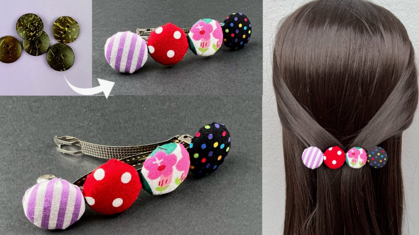 30 Creative DIY Button Crafts to Turn Spare Buttons Into Beautiful Decor A handmade hair clip embellished with a row of colorful fabric-covered buttons in striped, polka dot, and floral patterns, showcasing DIY button crafts.