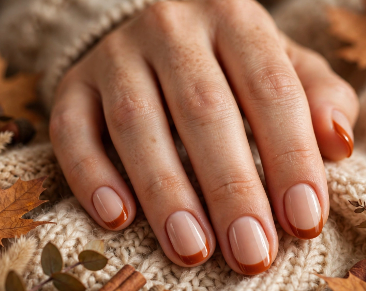 25 Short Fall Nail Ideas for 2026: Chic, Classy & Easy Designs Short fall nail ideas 2026 showcasing clean, short rounded natural nails styled with thin, warm spice-brown French tips, set against a cozy cream-colored knit sweater and autumn leaves.