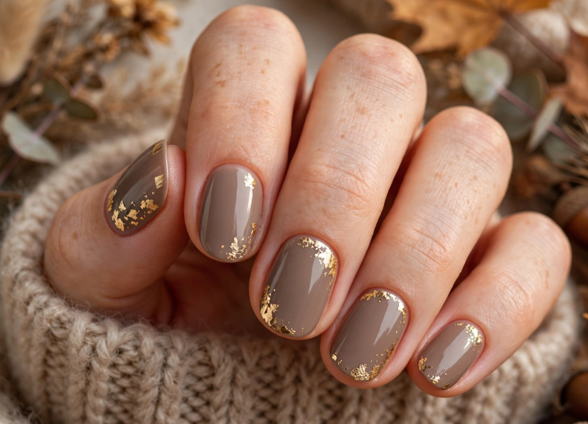 25 Short Fall Nail Ideas for 2026: Chic, Classy & Easy Designs Short fall nail ideas 2026 showcasing short rounded taupe-brown nails accented with shimmering gold foil flakes along the edges, styled with a cozy knit sweater sleeve and autumn background.