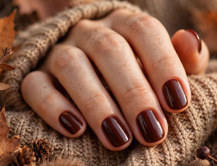25 Short Fall Nail Ideas for 2026: Chic, Classy & Easy Designs Short fall nail ideas 2026 showcasing short rounded nails polished in a glossy, rich dark chocolate brown, set against a cozy knit sweater sleeve with autumn leaves and pinecones.