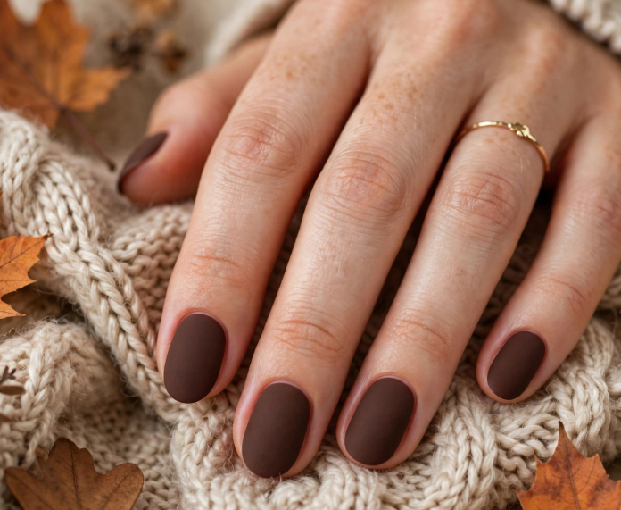 25 Short Fall Nail Ideas for 2026: Chic, Classy & Easy Designs Short fall nail ideas 2026 showcasing short rounded nails finished in a rich, smooth matte chocolate brown polish, accessorized with a thin gold ring and a cozy knit sweater background with autumn leaves