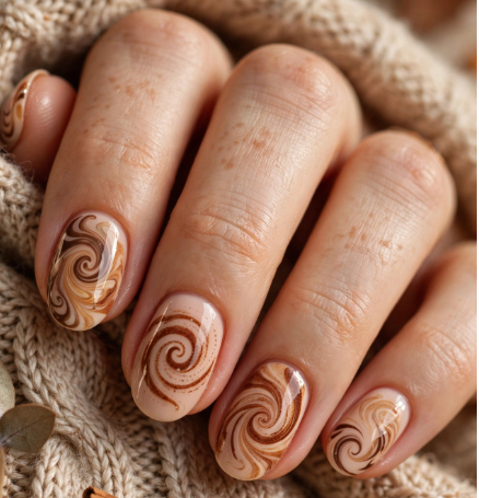 25 Short Fall Nail Ideas for 2026: Chic, Classy & Easy Designs Short fall nail ideas 2026 showcasing short rounded nude base nails featuring intricate brown and caramel swirl patterns, set against a cozy knit sweater background.