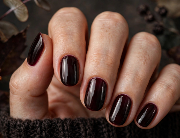 25 Short Fall Nail Ideas for 2026: Chic, Classy & Easy Designs Short fall nail ideas 2026 showcasing short rounded nails polished in a glossy, ultra-dark blackberry or black-cherry shade, set against a dark textured sleeve and autumn foliage.