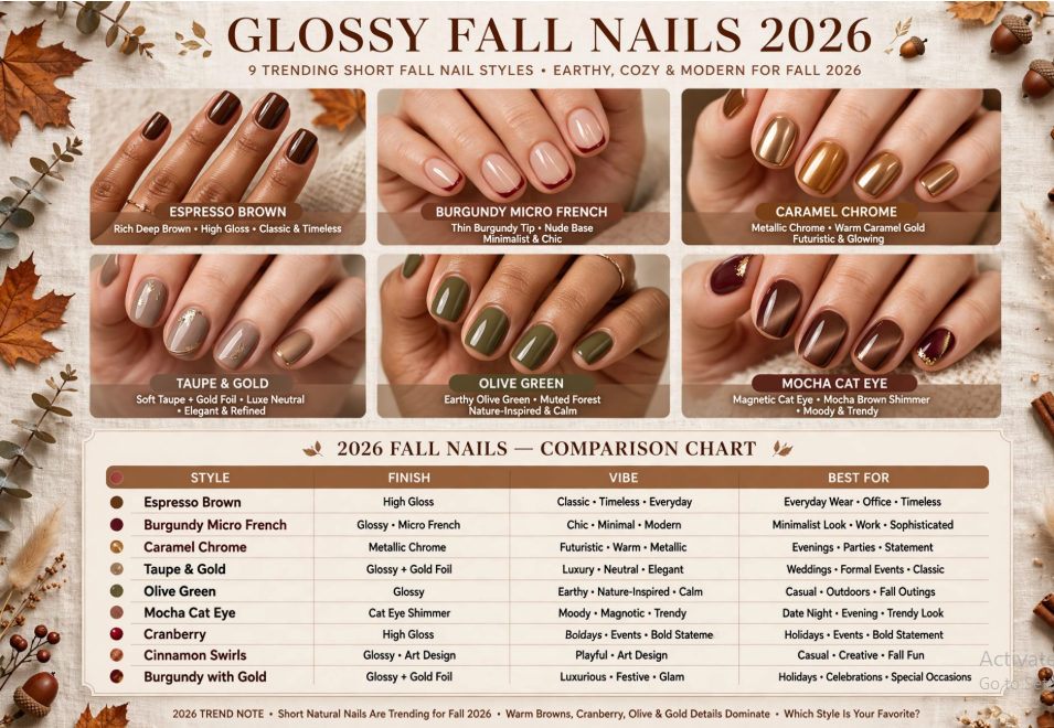 25 Short Fall Nail Ideas for 2026: Chic, Classy & Easy Designs Short fall nail ideas 2026 overview poster titled "Glossy Fall Nails 2026" featuring a collage of 9 trending short fall nail styles—including Espresso Brown, Burgundy Micro French, Caramel Chrome, Taupe & Gold, Olive Green, Mocha Cat Eye, Cranberry, Cinnamon Swirls, and Burgundy with Gold—complete with a detailed 2026 Fall Nails comparison chart showing finish, vibe, and best-for occasions