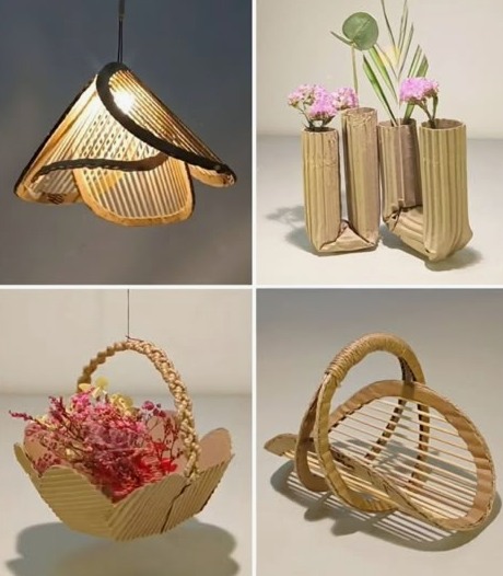 20 Recycled Household Item Crafts for a Creative Home A collage showing four examples of recycled household item crafts made from cardboard, including a hanging lamp, a multi-tube flower vase holding pink flowers, a decorative basket filled with pink flowers, and a curved handled basket.