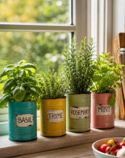 20 Recycled Household Item Crafts for a Creative Home A row of recycled household item crafts made from painted tin cans acting as indoor herb planters, featuring labels for basil, thyme, rosemary, and mint placed neatly on a sunny windowsill.