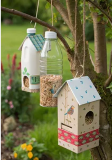 20 Recycled Household Item Crafts for a Creative Home Several recycled household item crafts hanging from tree branches as bird feeders, including two made from plastic bottles filled with seeds and one constructed from a decorated cardboard box with a pitched roof.