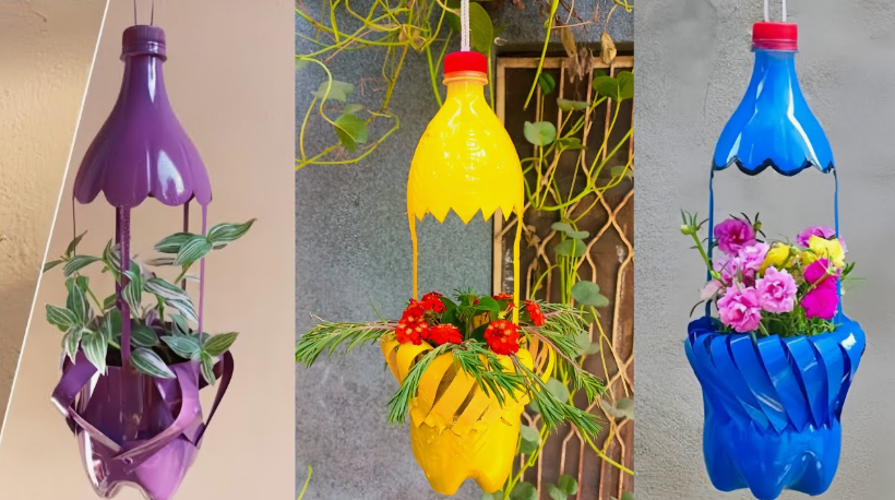 20 Recycled Household Item Crafts for a Creative Home A trio of recycled household item crafts featuring hanging planters made from cut and painted plastic bottles in purple, yellow, and blue, each holding small plants and flowers.