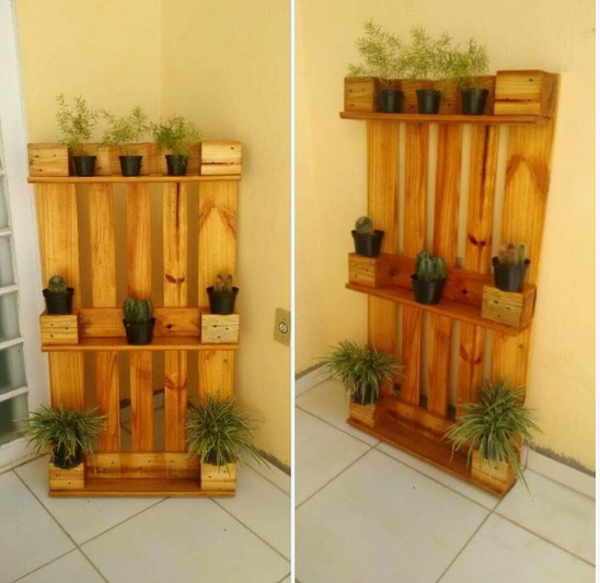 20 Recycled Household Item Crafts for a Creative Home Two split views of a wooden wall shelf made as recycled household item crafts using wooden pallets, styled with built-in tiers and shelves holding various potted plants and small green succulents against a yellow wall.
