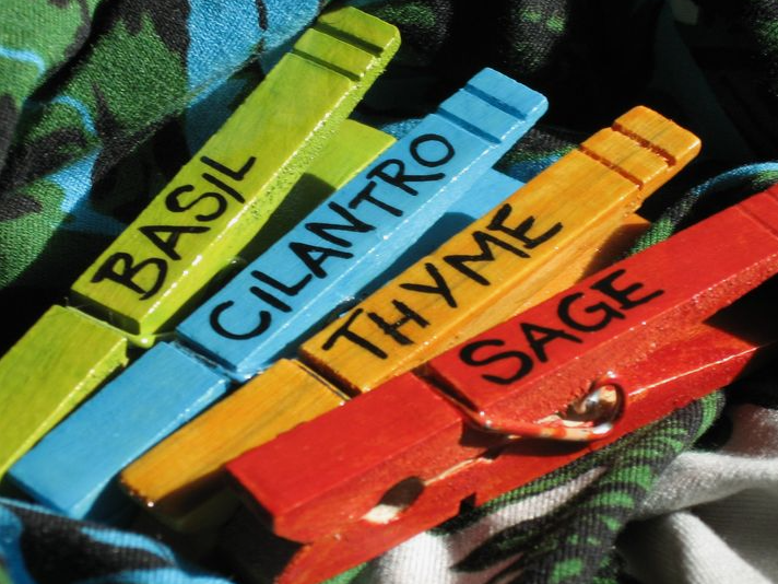 20 Recycled Household Item Crafts for a Creative Home Four colorful wooden clothespins repurposed as recycled household item crafts for garden markers, painted in green, blue, yellow, and red with handwritten labels for basil, cilantro, thyme, and sage.