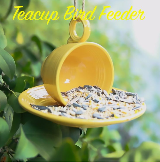 20 Recycled Household Item Crafts for a Creative Home A recycled household item craft featuring a yellow ceramic teacup and saucer hung sideways from string on a tree branch, acting as a bird feeder filled with various seeds on the saucer.