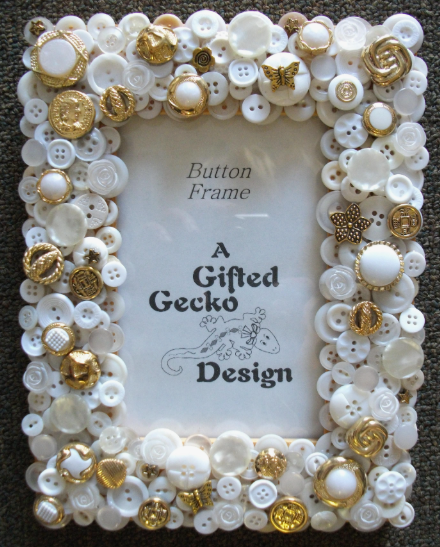 30 Creative DIY Button Crafts to Turn Spare Buttons Into Beautiful Decor A picture frame decorated completely with a dense mosaic of white and gold buttons, showcasing DIY button crafts.