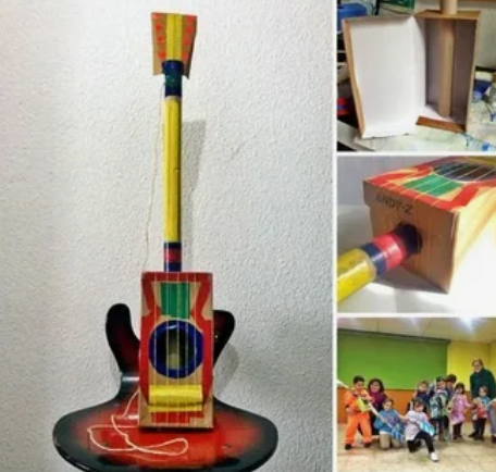20 Recycled Household Item Crafts for a Creative Home A collage showing a recycled household item craft of a toy guitar made from cardboard boxes and tubes, painted with colorful designs, along with step-by-step assembly photos and a group of children holding the finished guitars