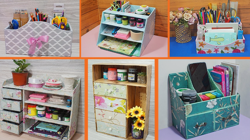 20 Recycled Household Item Crafts for a Creative Home A collage showing six different recycled household item crafts made from cardboard boxes and containers repurposed into desktop organizers, stationery holders, and storage drawers decorated with patterned paper and fabric.