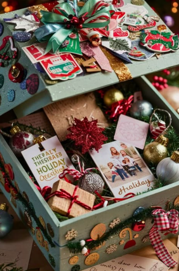 20 Recycled Household Item Crafts for a Creative Home A decorative holiday memory box designed as a recycled household item craft from a repurposed cardboard box adorned with colorful festive stickers, bows, ornaments, gift tags, and family holiday photos inside.