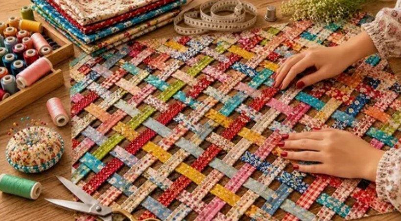 20 Recycled Household Item Crafts for a Creative Home A colorful woven mat created as a recycled household item craft from strips of patterned fabric scraps, laid out on a table alongside spools of thread, fabric stacks, scissors, and a pin cushion.