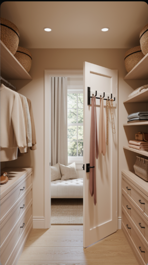 Small bedroom idea with no closet showcasing a compact, walk-in custom closet conversion featuring built-in drawers, wooden shelving, overhead storage baskets, and an over-the-door rack.