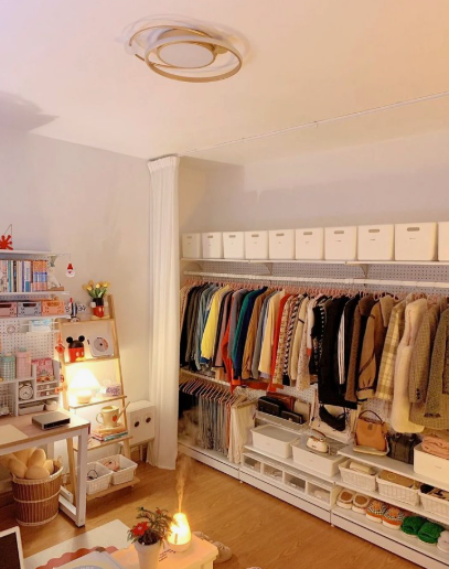 Small bedroom idea with no closet featuring an open clothing rack system along the wall, tiered shelving with storage bins overhead, and a tidy desk corner next to a clothing curtain divider.