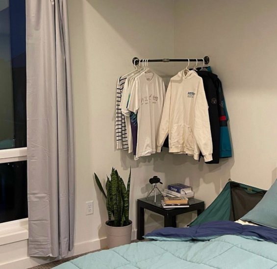 Small bedroom idea with no closet featuring a wall-mounted industrial pipe clothing rack holding everyday shirts and hoodies next to a bedside table, a potted snake plant, and a window with gray curtains.