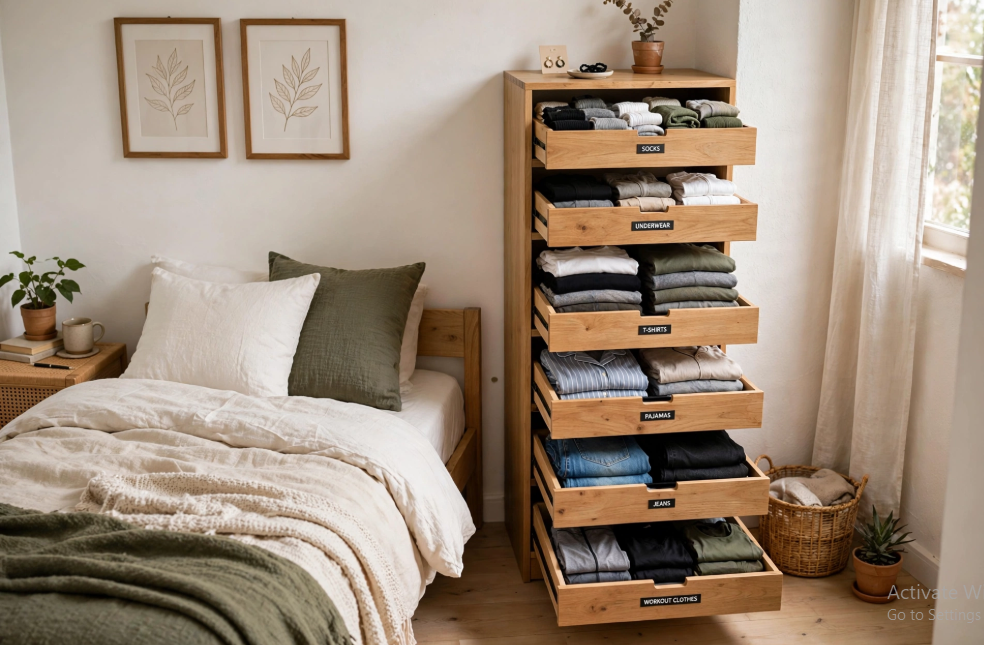 Small bedroom idea with no closet featuring a tall wooden multi-drawer dresser with labeled compartments for organized clothing storage alongside a cozy bed with neutral-toned bedding.