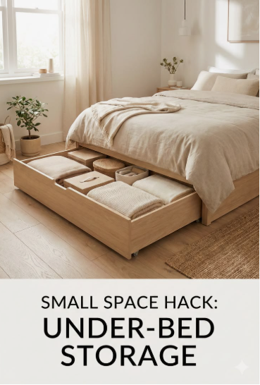 Small bedroom idea with no closet featuring clever under-bed storage with a large pull-out wooden drawer organized with folded linens, textiles, and storage boxes.