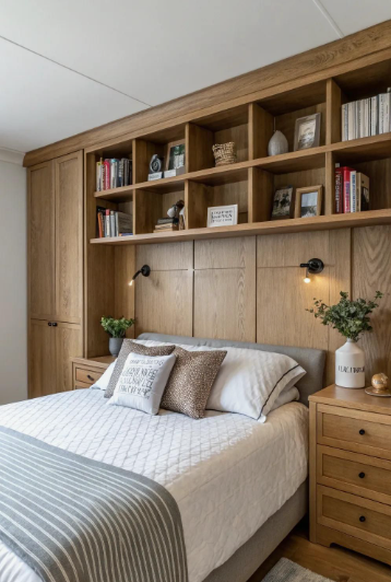 Small bedroom idea with no closet featuring a custom built-in wooden headboard wall with surrounding storage cabinets, open cubby shelving overhead, and matching bedside nightstands.