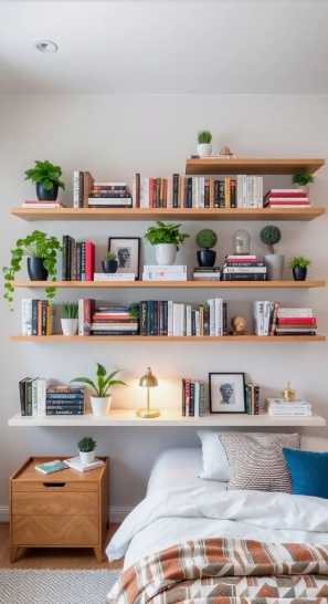 Small bedroom idea with no closet featuring floor-to-ceiling floating wooden wall shelves stacked with books, plants, and decor items above a cozy bed and wooden nightstand.
