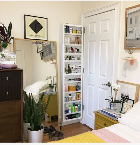 Small bedroom idea with no closet featuring a wall-mounted vertical storage cabinet beside a door, a full-length floor mirror, a tall dark dresser, and a bedside table with a potted orchid.