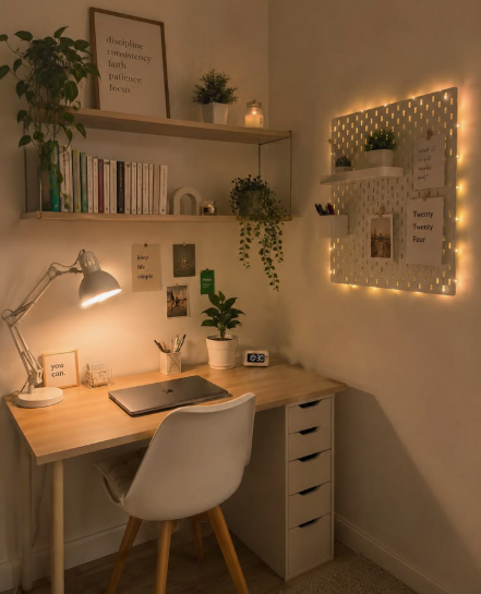 Small bedroom idea with no closet featuring a cozy study and workspace nook with a wooden desk, multi-drawer storage unit, wall-mounted pegboard illuminated with fairy lights, and floating shelves stocked with books and plants.
