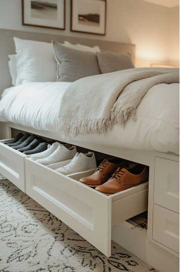Small bedroom idea with no closet featuring custom under-bed built-in pull-out drawers neatly organizing and storing shoes, sneakers, and footwear.   