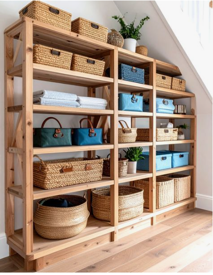 Small bedroom idea with no closet featuring tall, open wooden modular shelving units neatly organized with woven baskets, storage boxes, bags, and folded linens.