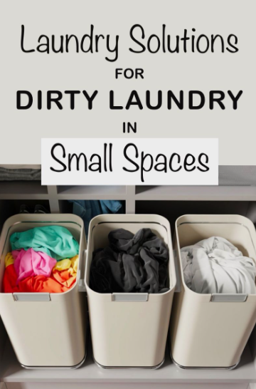Small bedroom idea with no closet featuring laundry solutions for dirty laundry in small spaces with three beige pull-out sorting bins filled with sorted colored, dark, and white clothes.