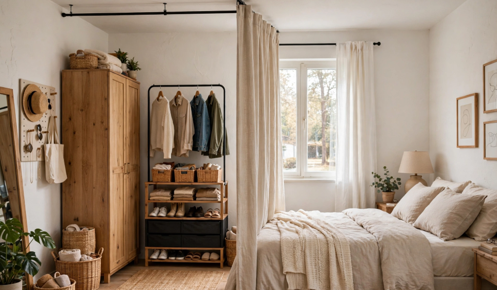 Small bedroom idea with no closet featuring a makeshift wardrobe corner separated by ceiling curtains, complete with a wooden wardrobe cabinet, an open clothing rack with hanging garments and folded items, and a pegboard organizer.