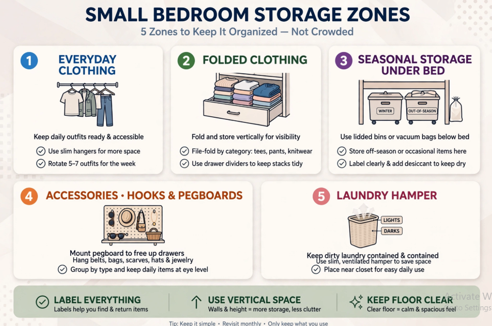 Small bedroom idea with no closet featuring an infographic on 5 small bedroom storage zones covering everyday clothing, folded clothing, seasonal under-bed storage, accessories hooks and pegboards, and a laundry hamper.