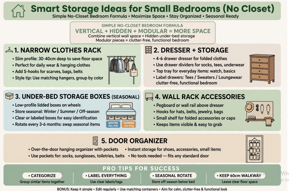 Small bedroom idea with no closet featuring an infographic on smart storage ideas for small bedrooms including a narrow clothes rack, dresser and storage, under-bed storage boxes, wall rack accessories, and a door organizer.