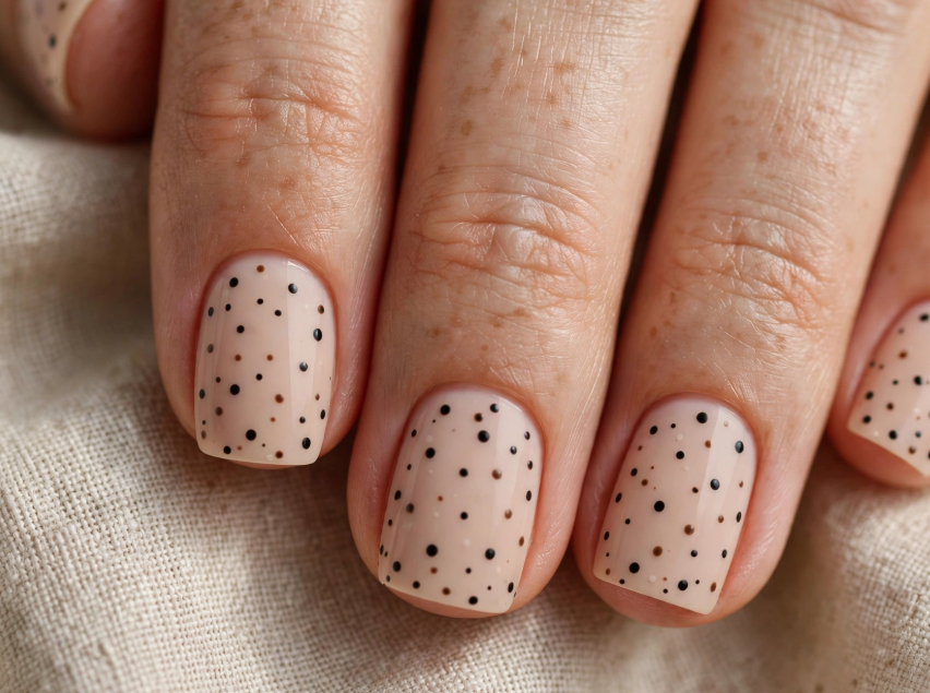 A close-up view of short, clean nails featuring a glossy nude-beige base coat with scattered, minimalist black and brown polka dots.