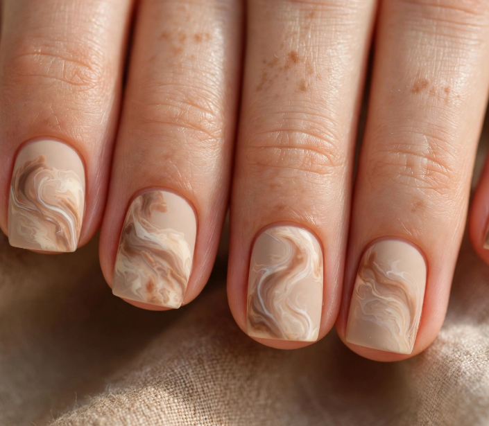A close-up of short, squared nails featuring a smooth nude base decorated with elegant, swirling brown and white marble patterns.
