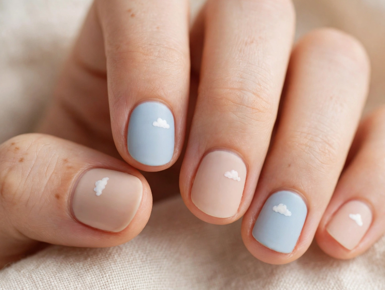 A close-up of short, squared nails painted in alternating soft blue and nude shades, each decorated with a small, minimalist white cloud accent