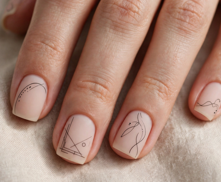 Easy nail designs for short nails: A close-up of short, squared nails featuring a neutral milky base with delicate, minimalist black line art and geometric patterns
