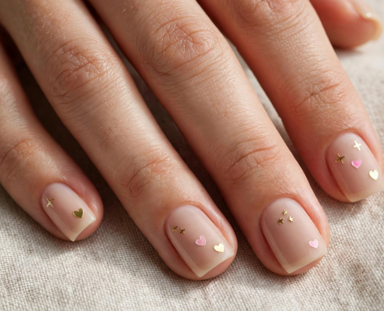 Easy nail designs for short nails: A close-up of short, squared nails styled with a sheer neutral base and embellished with tiny, metallic gold stars and miniature pink hearts.