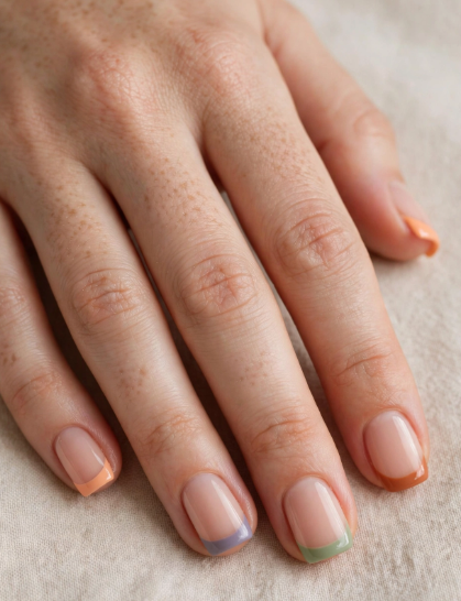 Easy nail designs for short nails: A close-up view of short, squared-off nails featuring a clean nude base with a colorful twist on the classic French manicure, showing different pastel or earthy tips on each nail.