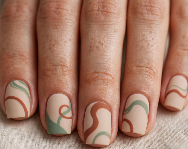 Easy nail designs for short nails: A close-up of short, square nails featuring a matte neutral beige base styled with abstract, wavy lines in earthy tones of green and terracotta brown.